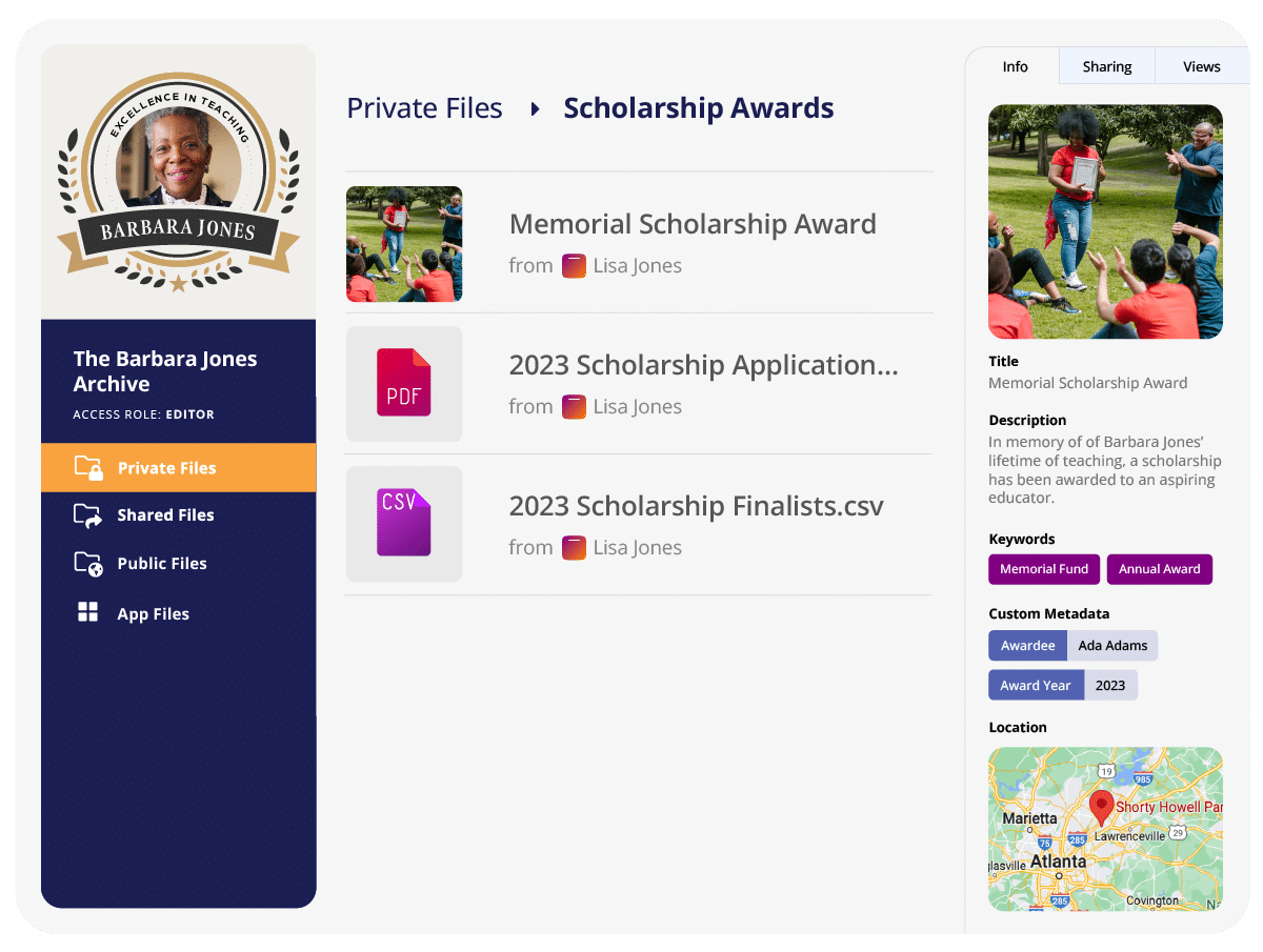 A private file view of Barbara Jones&rsquo; archive showing a folder that is called Scholarship Awards. In that folder, there are three items that have been uploaded by Lisa Jones including a scholarship application pdf, a spreadsheet of scholarship finalists, and a photo of the winner accepting the memorial scholarship award. On the right of the screen, there is a detailed view of the photo of the winner accepting her scholarship award certificate. Descriptive metadata is included to highlight the functionality of Permanent. 