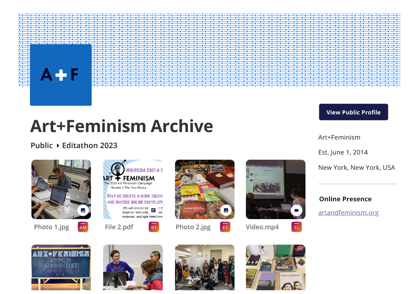 In Art+Feminism's public archive on Permanent, a folder titled Editathon 2023, containing photos and video from a Wikipedia editathon