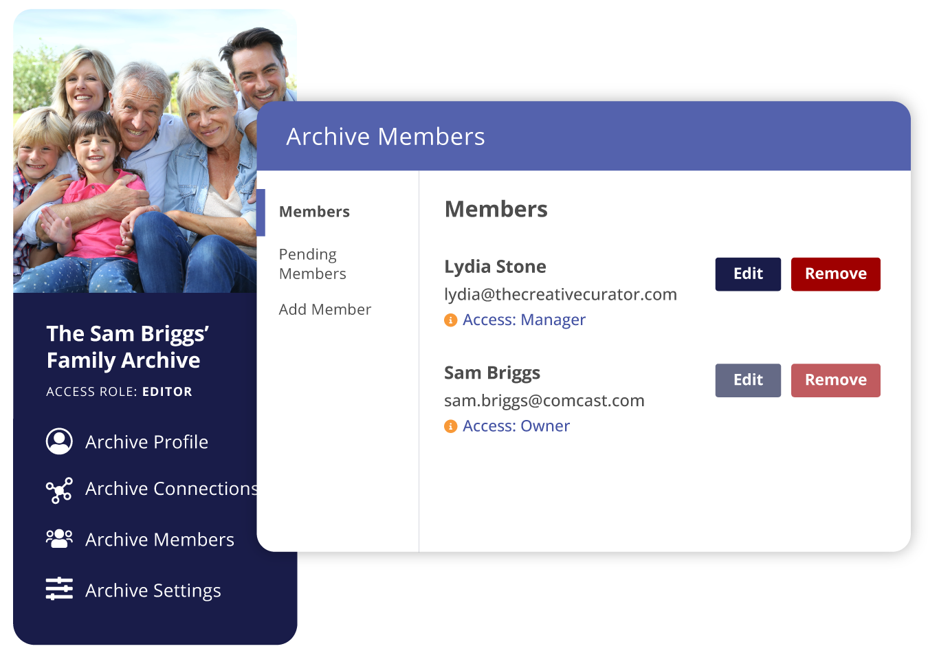 In the Sam Briggs' Family Archive on Permanent, the Archive Members modal, showing the two members of the archive: Sam Briggs, the archive owner, and Lydia Stone, who has the Manager access role